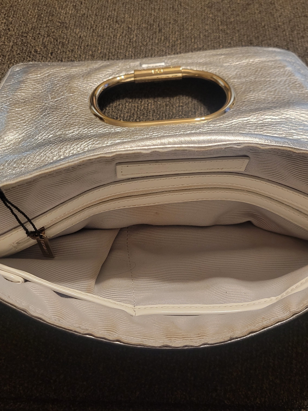 BCBGMaxAzria Metallic Silver Leather Clutch with Gold Ring Detail - Picture 3 of 5